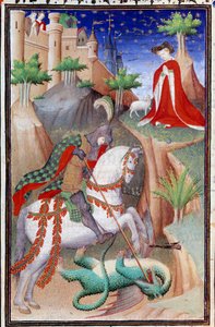 Strona rękopisu „Les Tres Riches Hours du Duke Francois de Guise”” opatrzona przez Mistrza Boucicaut: przedstawienie św. Jerzego i Smoka. XV wiek. Muzeum Conde, Chantilly