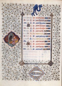 Strona rękopisu „Les Tres Riches Hours du Duke Francois de Guise”” opatrzona przez Mistrza z Boucicaut: przedstawienie znaków zodiaku i scen z życia codziennego: ryba i mężczyzna nagrzewający się przed kominem. XV wiek. Muza autorstwa (and workshop) Boucicaut Master