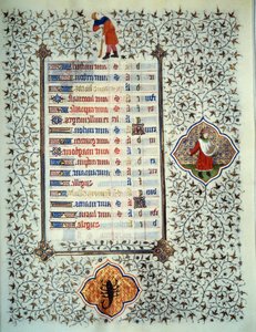Strona rękopisu „Les Tres Riches Hours du Duke Francois de Guise”” opatrzona przez Mistrza Boucicaut: przedstawienie znaków zodiaku oraz sceny z życia codziennego: skorpion i sadzenie. XV wiek. Muzeum Conde, Chantilly autorstwa (and workshop) Boucicaut Master
