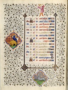 Strona rękopisu „Les Tres Riches Hours du Duke Francois de Guise”” opisana przez Mistrza Boucicaut: przedstawienie znaków zodiaku i scen z życia codziennego: koziorożca i polowanie na dzika. XV wiek. Muzeum Conde, Kalifornia autorstwa (and workshop) Boucicaut Master