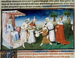 Qubilai (Kubilai Khan, pierwszy cesarz mongolskiej dynastii Yuan (1215-1294) płaci za swoje zakupy miniaturowymi monetami z kory, zaczerpniętymi z „Księgi cudów” Marco Polo („” World Development”, „” Il Milione”) zilustrowane przez Mistrza Boucic