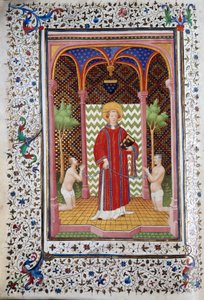 Reprezentacja św. Leonarda (VI w.), pustelnika z Limousin, uwalniającego dwóch więźniów Strona rękopisu „Les Tres Riches Hours du Duke Francois de Guise”” ogłoszonego przez Mistrza Boucicaut. XV wiek. Muzeum Conde, Chantilly