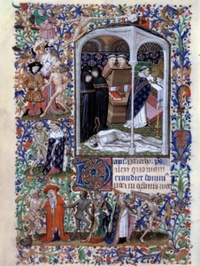 Scena ceremonii żałobnej i makabrycznego tańca Miniatura zaczerpnięta z „Księgi godzin na użytek Paryża” ogłoszona przez Atelier du Maitre d Boucicaut, ok. 1415 r. Paryż, B.N.