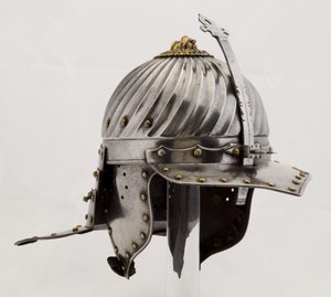 Zischägge, c.1620-25 (stal, żelazo, mosiądz i skóra) autorstwa (attr.to) German School