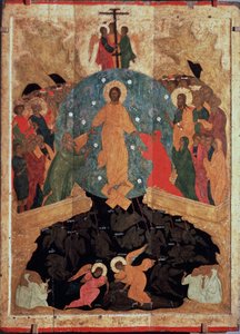 Zejście do piekła. Epizod Zmartwychwstania, zaraz po śmierci Chrystus zstąpił do bram królestwa umarłych (otchłani), gdzie dusze wegetują w oczekiwaniu na wizję uszczęśliwiającą, aby uwolnić dusze Ju autorstwa (c.1440 1502) Dionisius the Wise