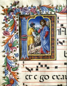 Decoree lettrine przedstawiający kuszenie Chrystusa Miniatura autorstwa Liberale da Verona (1445-1529) z chóru (kod 20/5. c.45v) z katedry w Sienie. XV-wieczna katedra (Duomo) w Sienie, Włochy autorstwa (c.1445 1527) Liberale da Verona