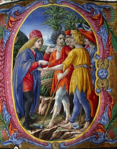 Decoree lettrine przedstawiająca przypowieść o morderczych winiarzach (Ewangelia wg św. Mateusza Mt 21,33-43) (Przypowieść o lokatorach) Miniatura Liberale da Verona (1445-1529) z chóru (Kod. 2.) z katedry w Sienie. XV wiek autorstwa (c.1445 1527) Liberale da Verona