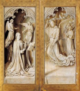 Zwiastowanie w grisaille (monochromatyczny szary), zewnętrzne skrzydła ołtarza z tryptyku (ok. 1489-1502) autorstwa mistrza z Moulins, w katedrze Notre-Dame, Moulins, Francja. autorstwa (fl.c.1483 c.1529) Master of Moulins