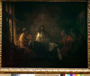 Pielgrzymi z Emaus Chrystus ukazuje się pielgrzymom siedzącym przy stole w karczmie w Emaus. Obraz warsztatu Harmensza van Rijn dit Rembrandt (1606-1669)