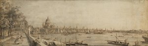 Tamiza i londyńskie City z tarasu Somerset House (pióro i brązowy tusz z szarym praniem na papierze) autorstwa Giovanni Antonio Canal