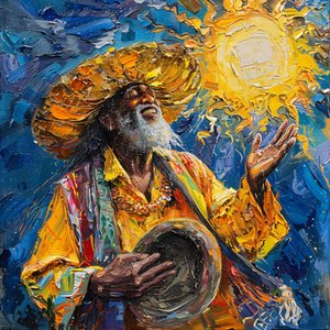Szczęśliwy meksykański mężczyzna w kapeluszu tańczy, van gogh pociągnięcia pędzlem styl malowania autorstwa F. Abderrahim