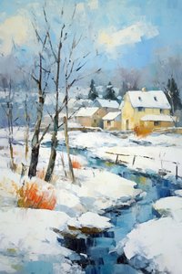 Wioska w śnieżnym krajobrazie obraz olejny | Natura grafika ścienna autorstwa F. Abderrahim