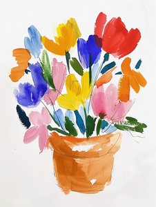 Kolorowe akwarelowe kwiaty w wazonie | botaniczne grafiki ścienne autorstwa F. Abderrahim