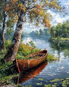 Felucca na spokojnym, wysadzanym drzewami jeziorze, dekoracja ścienna do sypialni autorstwa F. Abderrahim