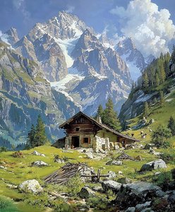 Domek z bali w szwajcarskich Alpach wiosną, dekoracja ścienna do kuchni autorstwa F. Abderrahim