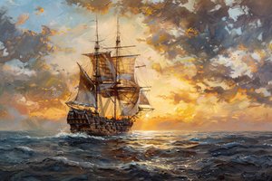 Obraz olejny Statek piracki na oceanie o zachodzie słońca, dekoracja ścienna w ramie autorstwa F. Abderrahim