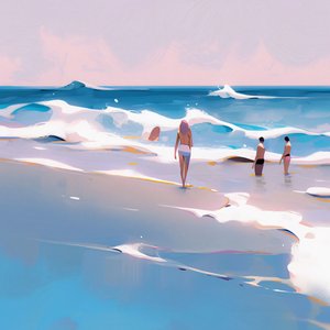 Ludzie na plaży Minimalistyczna akwarela z falami, dekoracja ścienna na sprzedaż autorstwa F. Abderrahim