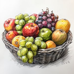 kosz owoców, prosty rysunek martwej natury, grafika ścienna na zamówienie autorstwa F. Abderrahim