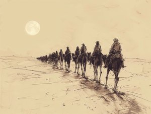 Desert Sun Procession Minimalistyczny jednowierszowy szkic, dekoracja ścienna na sprzedaż autorstwa F. Abderrahim