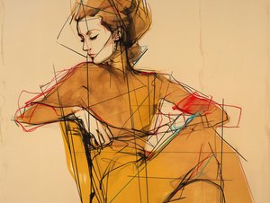 Ilustracja mody i rysunek siedzącej kobiety, portret w eleganckiej brązowej sukience, grafiki artystyczne autorstwa F. Abderrahim