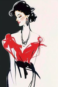 Paryska moda, czerwono-czarna sukienka, styl René Gruau, makijaż pozujący francuskiej damy autorstwa F. Abderrahim