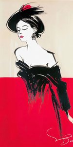 Kobieta pozująca z makijażem, czerwono-czarna sukienka, inspiracja René Gruau, moda lat 60. autorstwa F. Abderrahim