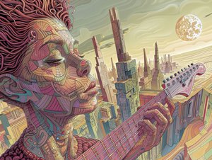 Młody mężczyzna grający muzykę w surrealistycznej futurystycznej scenie, ramka dekoracja ścienna wydruki autorstwa F. Abderrahim