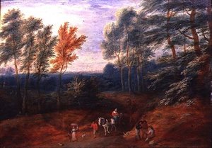 Miškingas peizažas su keliautojais šieno vežime (alyva ant plokštės)polis autorstwa A.F. and Bouts P. Boudewyns