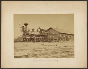 Wyoming Station Engine 23 na głównym torze [Wyoming]. autorstwa A.J. Russell