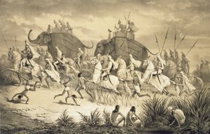 Kawalkada wodzów Sikhów na słoniach, z „Podróży w Indiach”, wyryta przez pub Louis Henri de Rudder (1807-81). w Londynie autorstwa A. (after) Soltykoff