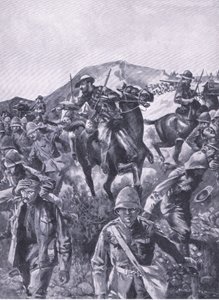 Brytyjscy jeńcy wstawiali się jako ekran, podczas gdy Burowie usuwali działo morskie, z After Pretoria: The Guerilla War opublikowanego przez Harmsworth Bros Limited, 1901