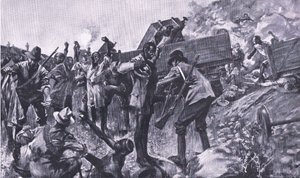 Rozbicie pociągu w pobliżu Taaibosch, z książki After Pretoria: The Guerilla War wydanej przez Harmsworth Bros Limited, 1901