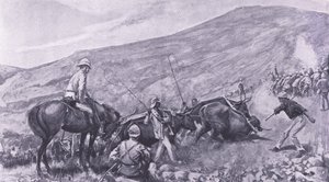 Trudności w transporcie w Barberton: Jak broń i wagony zostały podniesione w góry, ilustracja z After Pretoria: The Guerilla War, 1902