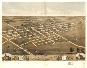 Widok z lotu ptaka na Mount Sterling, hrabstwo Brown, Illinois, 1869 r. LOC 73693365 autorstwa A.; Chicago Lithographing Co. Ruger