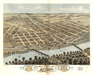 Widok miasta Attica z lotu ptaka, hrabstwo Fountain, Indiana, 1869 r. LOC 73693378 autorstwa A.; Chicago Lithographing Co. Ruger