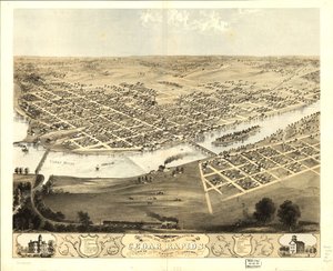 Widok z lotu ptaka na miasto Cedar Rapids i Kingston, Linn Co., Iowa 1868. LOC 73693391 autorstwa A.; Chicago Lithographing Co. Ruger