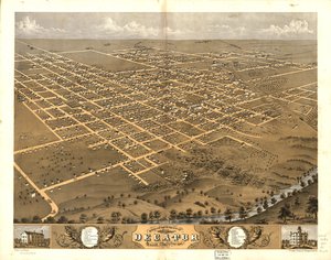 Widok z lotu ptaka na miasto Decatur, Macon Co., Illinois, 1869. LOC 73693354