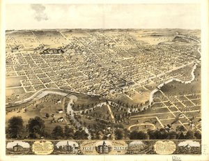 Widok miasta Fort Wayne w stanie Indiana z lotu ptaka, 1868 r. LOC 73693381