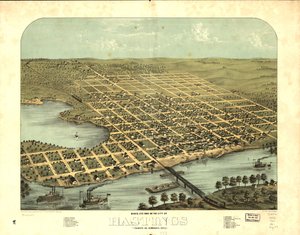 Widok miasta Hastings z lotu ptaka, stan Dakota, Minnesota, 1867 r. LOC 73693453