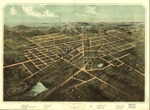 Widok z lotu ptaka na miasto Hillsdale, Hillsdale Co., Mich. 1866. LOC 73693429 autorstwa A.; Chicago Lithographing Co. Ruger