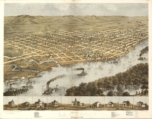 Widok miasta La Crosse w stanie Wisconsin z lotu ptaka, 1867 r. LOC 73694545 autorstwa A.; Chicago Lithographing Co. Ruger