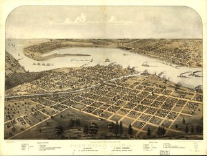 Widok z lotu ptaka na miasto Port Huron, Sarnia i Gratiot, St. Clair Co., Michigan 1867 i Point Edwards, Lambton Co., Kanada zachód. LOC 73693443