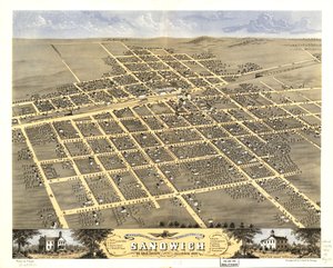 Widok miasta Sandwich z lotu ptaka, hrabstwo De Kalb, Illinois, 1869 r. LOC 73693372 autorstwa A.; Chicago Lithographing Co. Ruger
