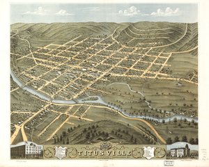 Widok z lotu ptaka na miasto Titusville, hrabstwo Crawford, Pensylwania, 1871. LOC 73694524 autorstwa A.; Chicago Lithographing Co. Ruger