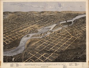 Minneapolis i Saint Anthony, Minnesota 1867 r. LOC 73693455 autorstwa A.; Chicago Lithographing Co. Ruger