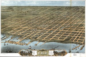Widok z lotu ptaka na miasto Erie, hrabstwo Erie, Pensylwania 1870. autorstwa A. Chicago Lithographing Co. Ruger and Stoner Ruger
