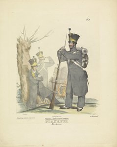 Flanka w stroju marszowym, 1820-1825 Piechota holenderska. Mundur Flankeur Marsch (tytuł na obiekcie) Stroje wojskowe Królestwa Niderlandów. Dedykowane Jego Ekscelencji Willemowi van Bylandtowi (tytuł serii na obiekcie)