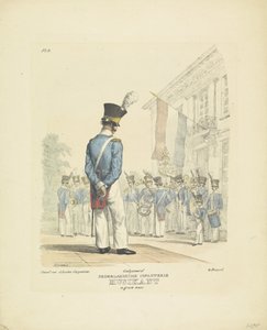 Muzyk w pełnym mundurze Muzyk w pełnym stroju, 1820-1825 Nederlandsche Infanterie Musikant w wielkim mundurze (tytuł na obiekcie) Stroje wojskowe Królestwa Niderlandów. Dedykowany Jego Ekscelencji Willemowi van Bylandtowi (tytuł serii na temat