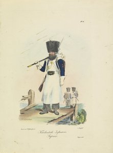 Saper, 1820-1825 Piechota holenderska. sapeur (tytuł na obiekcie) Stroje wojskowe Królestwa Niderlandów. Dedykowane Jego Ekscelencji Willemowi van Bylandtowi (tytuł serii na obiekcie)