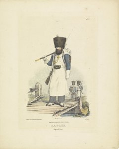 Saper w wielkim mundurze, 1820-1825 Piechota holenderska. Sapeur w dużym stroju (tytuł na obiekcie) Stroje wojskowe Królestwa Niderlandów. Dedykowane Jego Ekscelencji Willemowi van Bylandtowi (tytuł serii na obiekcie)